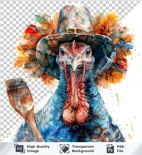 PSD watercolor illustration of a turkey with hat and spoon featuring blue head black eye yellow beak