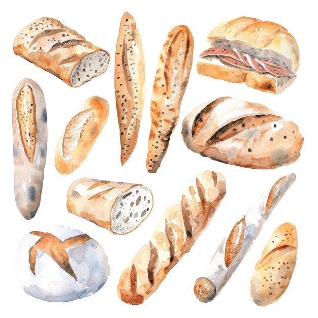 PSD watercolor illustration of various breads and baguettes artisan bakery collection