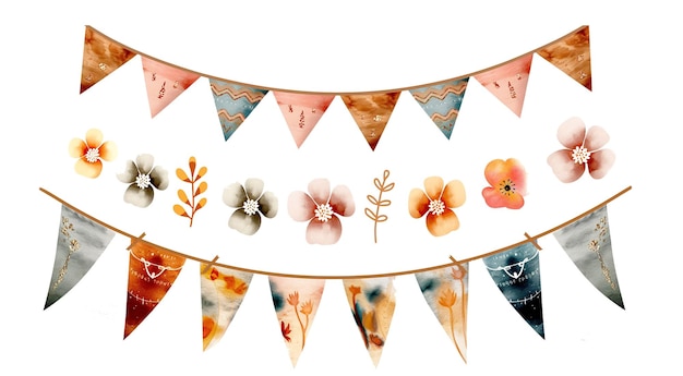 PSD watercolor illustrations of flags set of flower clip art baby shower design elements party