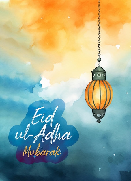 Watercolor Islamic eid ul Adha greeting background with colorful arabic lamp crescent PSD