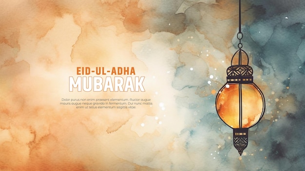 Watercolor Islamic eid ul Adha greeting background with colorful arabic lamp crescent PSD