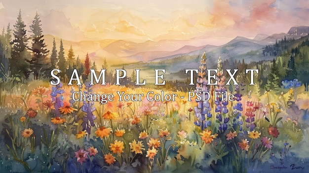 PSD watercolor landscape with mountainous horizon and wildflowers