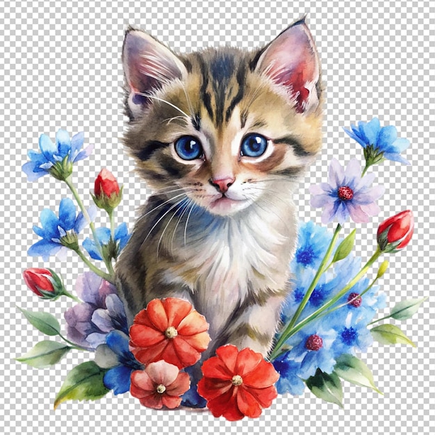 PSD watercolor little kitten with flowers red and blue on transparent background