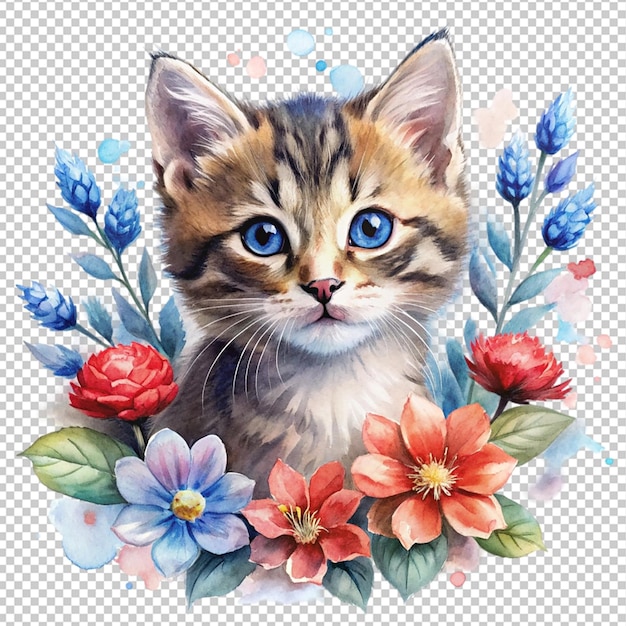 watercolor little kitten with flowers red and blue on transparent background