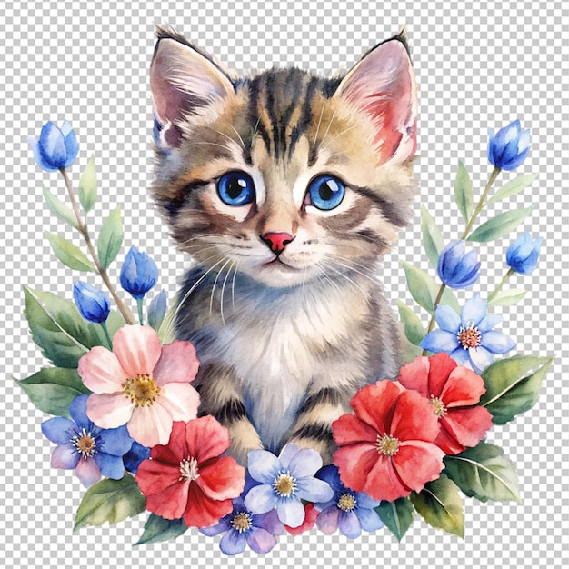 watercolor little kitten with flowers red and blue on transparent background