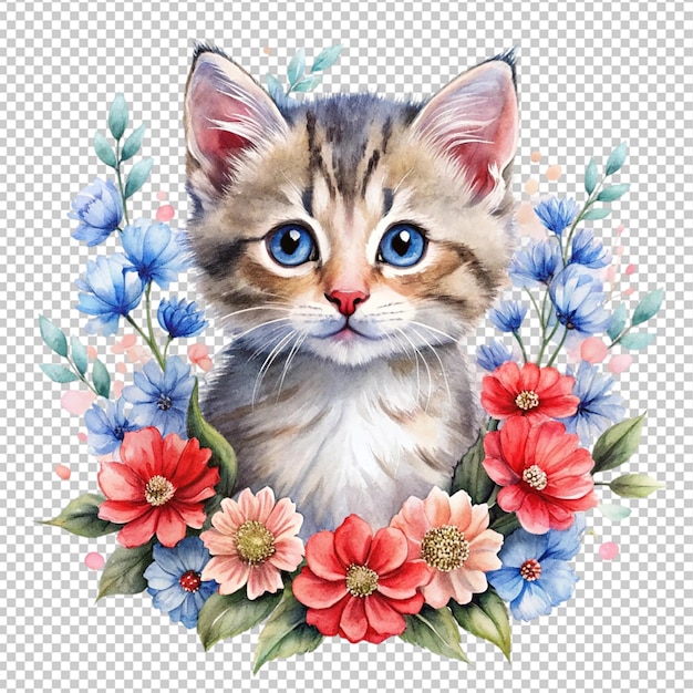 watercolor little kitten with flowers red and blue on transparent background