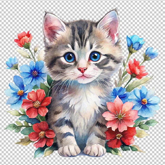 watercolor little kitten with flowers red and blue on transparent background