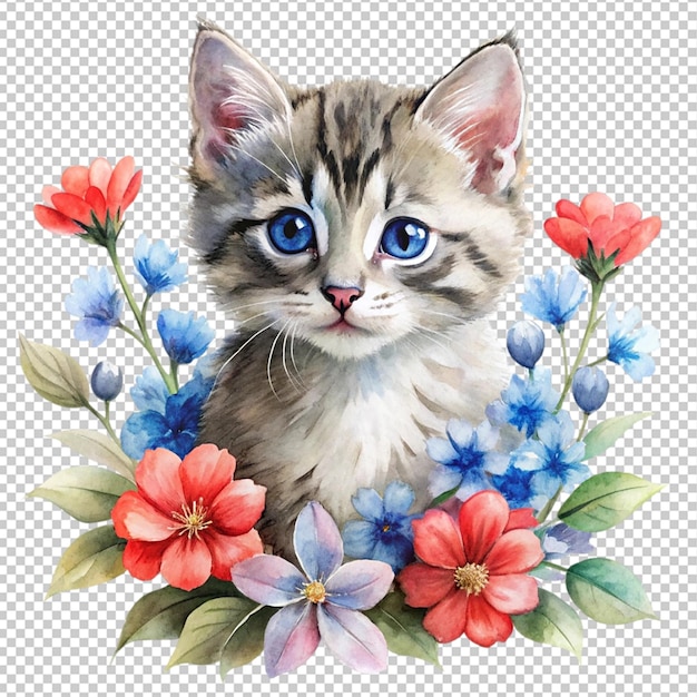 PSD watercolor little kitten with flowers red and blue on transparent background