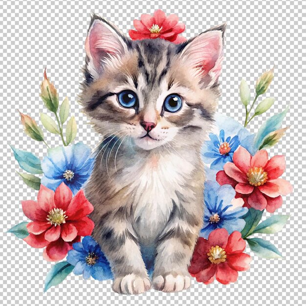 watercolor little kitten with flowers red and blue on transparent background