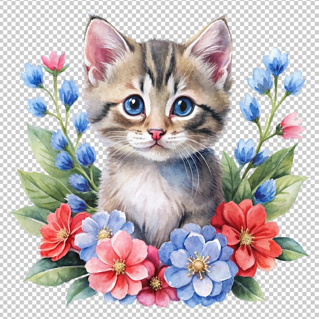 PSD watercolor little kitten with flowers red and blue on transparent background