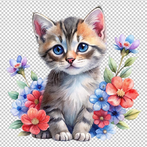 watercolor little kitten with flowers red and blue on transparent background