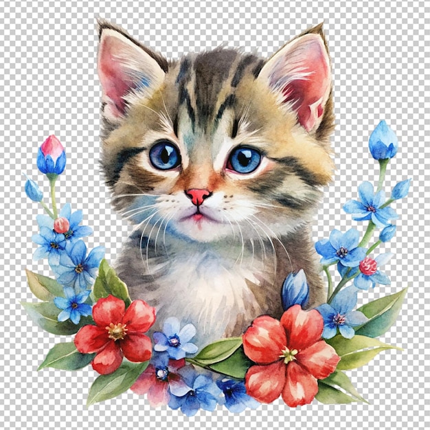 watercolor little kitten with flowers red and blue on transparent background