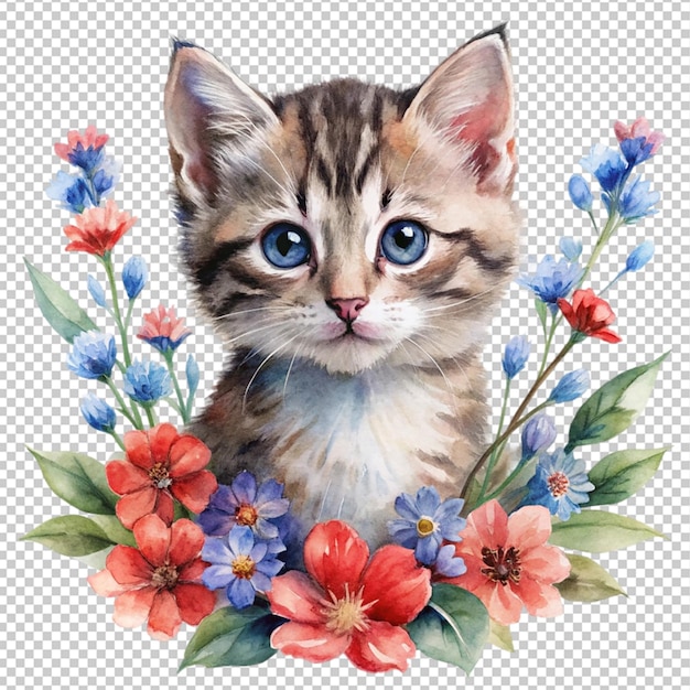 PSD watercolor little kitten with flowers red and blue on transparent background