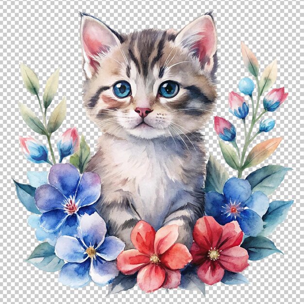 PSD watercolor little kitten with flowers red and blue on transparent background