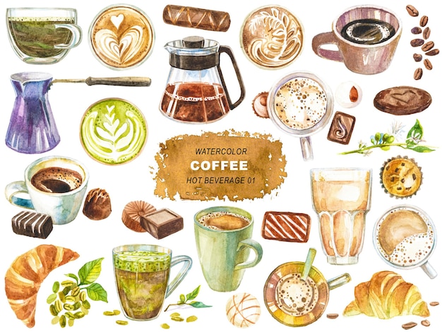 PSD watercolor painted coffee clipart hand drawn design elements isolated on transparent background