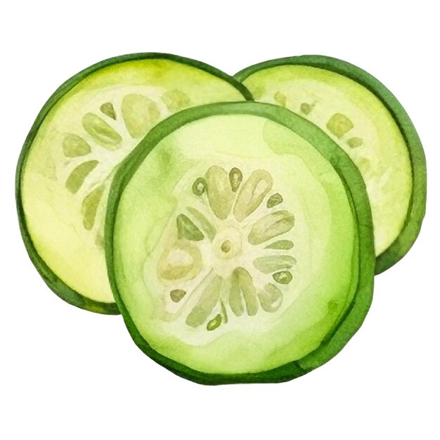 PSD watercolor painted cucumber slice hand drawn fresh food design element isolated on white background