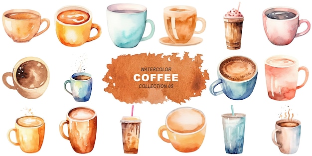 Watercolor painted style coffee cups clipart isolated on transparent background