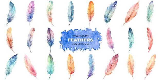 PSD watercolor painted style feathers clipart isolated on transparent background