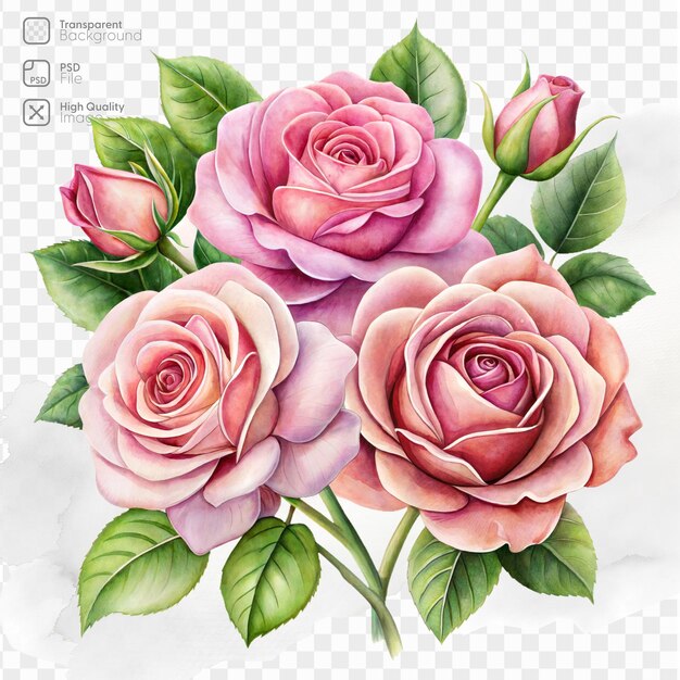 PSD a watercolor painting of a bouquet of pink roses with green leaves