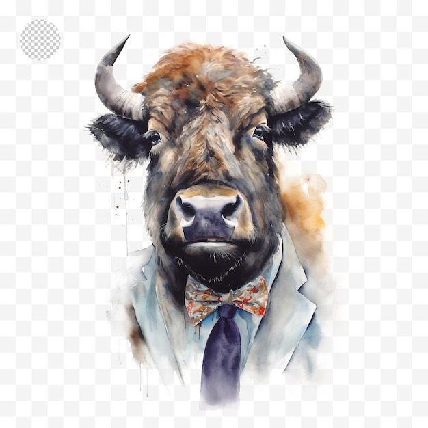 A watercolor painting of a bull with a tie and glasses