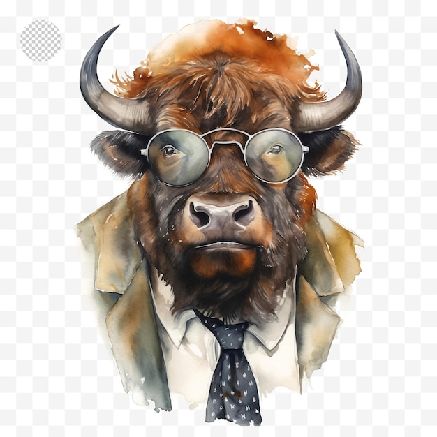 A watercolor painting of a bull with a tie and glasses.