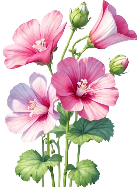 Watercolor painting of colorful Musk mallow flowers