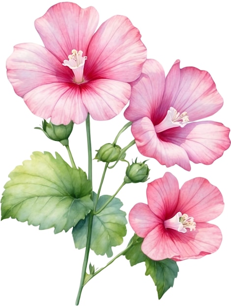 Watercolor painting of colorful Musk mallow flowers