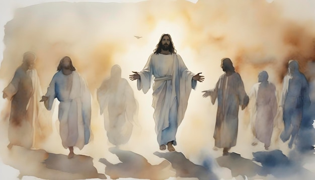 Watercolor painting of Jesus Christ appears to his followers