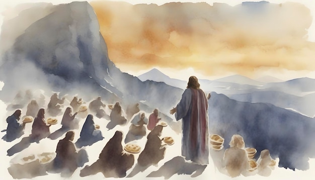 Watercolor painting of Jesus Christ feeding the 5000 people