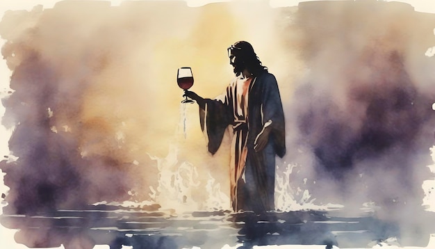 PSD watercolor painting of jesus christ turning water into wine