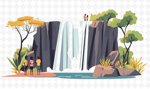 PSD a watercolor painting of people standing in front of a waterfall