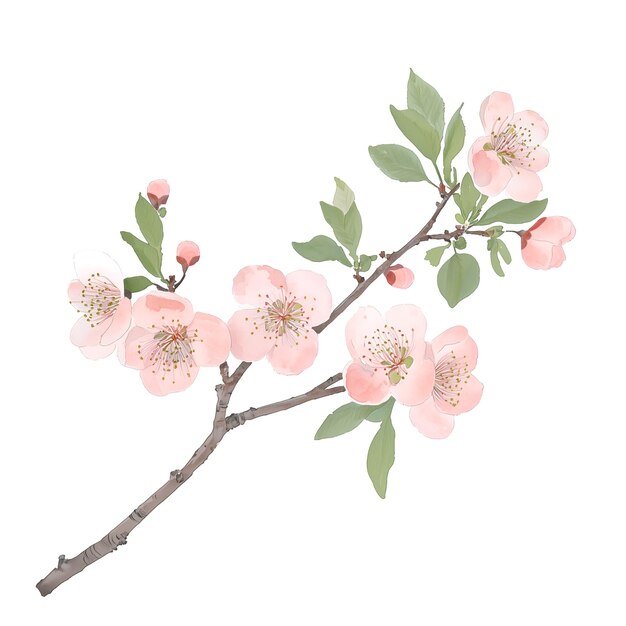 PSD watercolor painting of red cherry blossom branch with buds and flowers