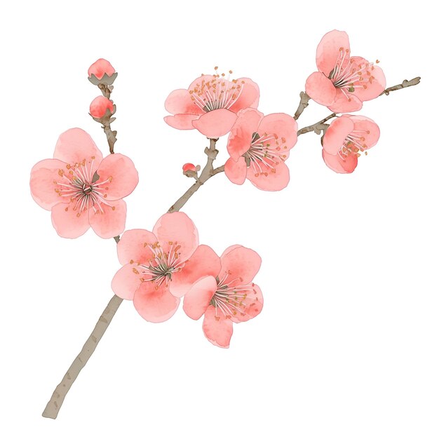 PSD watercolor painting of red cherry blossom branch with buds and flowers