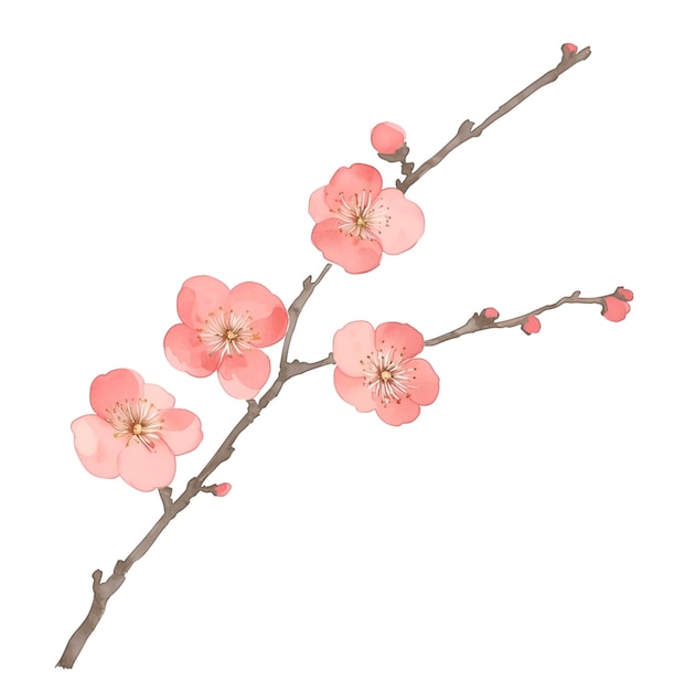 PSD watercolor painting of red cherry blossom branch with buds and flowers