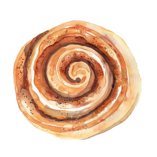 PSD watercolor painting of a swirled cinnamon roll pastry