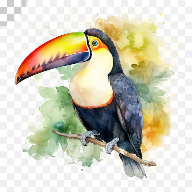 A watercolor painting of a toucan with a colorful beak sits on a branch.