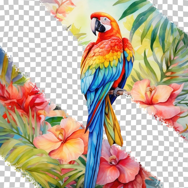 PSD watercolor painting of tropical jungle design with isolated transparent background featuring hibiscus flower macaw parrot and tropical leaves