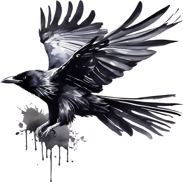 Watercolor paintings of a black crow bird AiGenerated