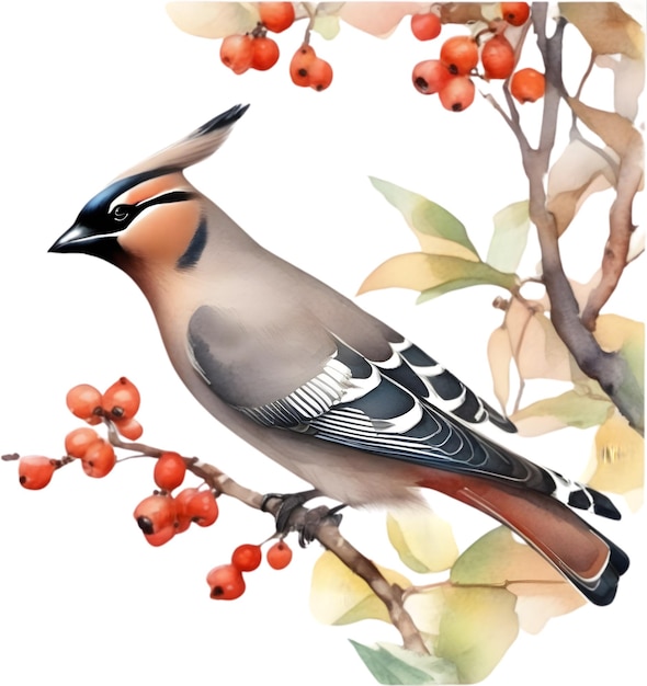 PSD watercolor paintings of colorful bohemian waxwing birds aigenerated