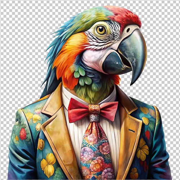 PSD watercolor parrot bird dressed in clothes clipart png