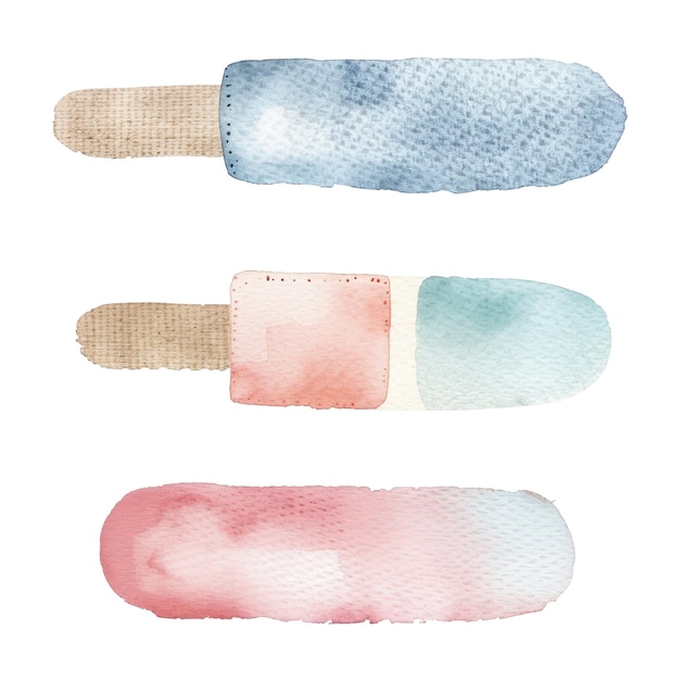 PSD watercolor popsicles illustration blue pink and red ice cream on wooden sticks