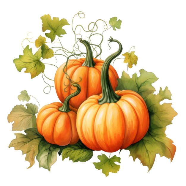 PSD watercolor pumpkin with vine isolated on a transparent background