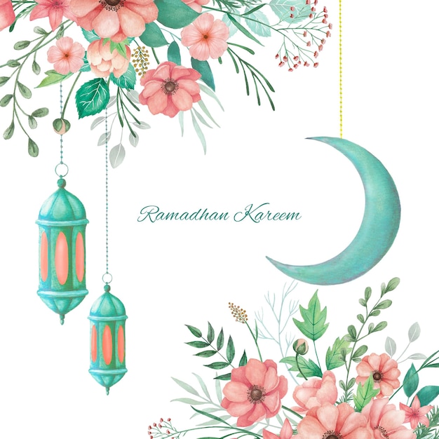 Watercolor Ramadhan Kareem Islamic design greeting card template with floral ornaments