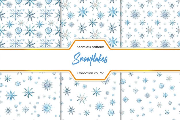 PSD watercolor snowflake pattern collection hand drawn blue snowflake seamless print