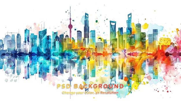 PSD watercolor splash with hand drawn sketch of new york city skyline in vector illustration