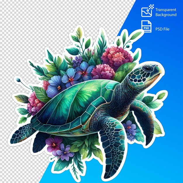 PSD watercolor style sea turtle sticker with floral clipart on a black background