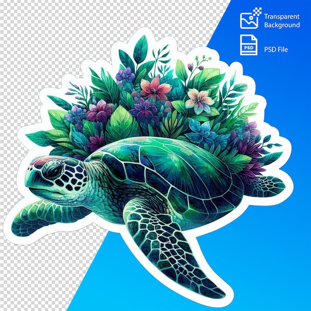 PSD watercolor style sea turtle sticker with floral clipart on a black background