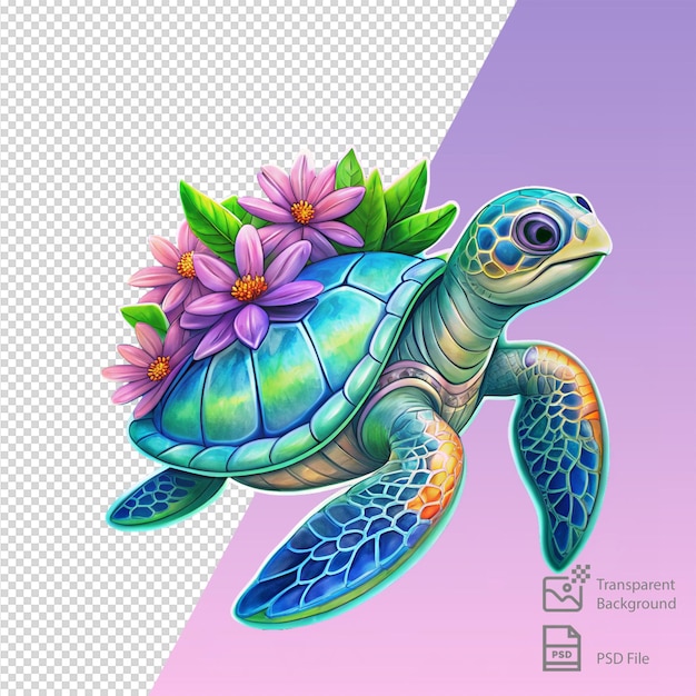 PSD watercolor style sea turtle sticker with floral clipart on a black background