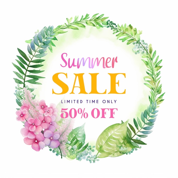 Watercolor summer sale post template with fern and flowers