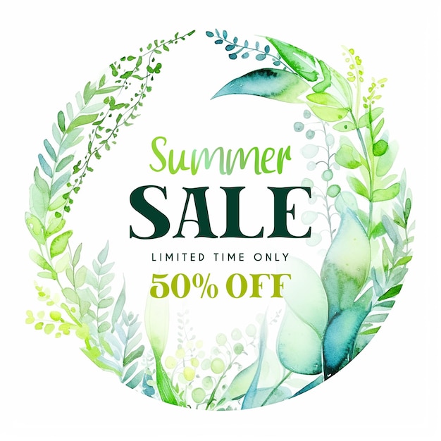 Watercolor summer sale post template with fern and flowers